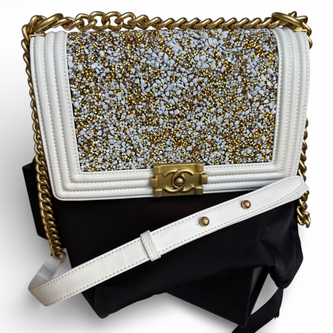 CHANEL White/Gold Stone Covered Le Boy Beaute Bag, Dust Bag, & Original Box: • CHANEL • Le Boy Bag • White/Cream • Silver & Gold Stone Accents • Gold Tone Hardware • Chain Strap • Adjustable Strap • Signature Push Lock Open/Close •