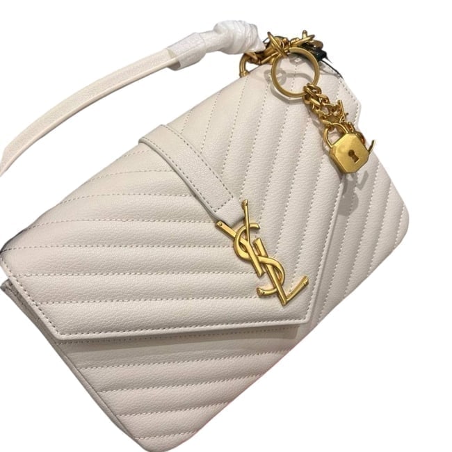 YSL (Saint Laurent) White/Gold Chevron College Beaute Bag & Original Box: • CHANEL • Dark Grey • Pearl Crush Mini Flap Bag • Decorative Charm Strap • Quilted Pattern • Gold Tone Hardware • 8” x 5” (in) • Original Box & Dus
