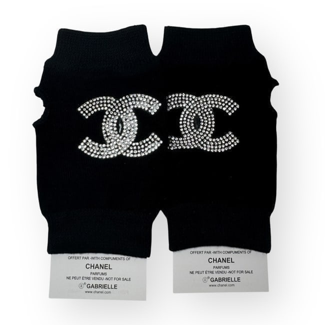 CHANEL Gabrielle Black White Rhinestone CC Logo Beaute Gloves/Handwarmers: • CHANEL • Black • Gabrielle • White Rhinestone CC Logo • Hand-warmer/Gloves • Open Finger • One Size • L.A Collection • Makeup/Diffusion Line: Please note