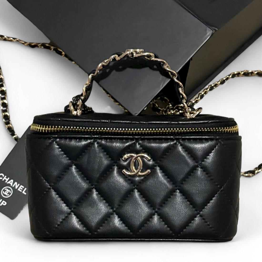 CHANEL Black/Gold Quilted w Mirror Beaute Vanity Case & Original Box (1 of 12)