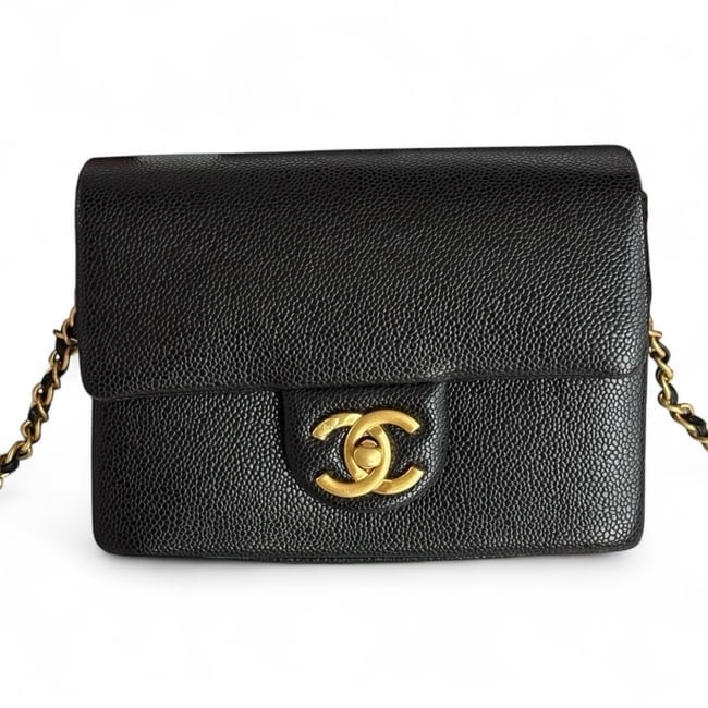 CHANEL Black/Gold Mini Flap Beaute Bag & Original Box: • CHANEL • Mini Flap • Black • Caviar Pattern • Gold Tone Hardware • Front CC Twist Lock Closure • Intertwined Chain Strap • Interior Zip Pocket • Interior