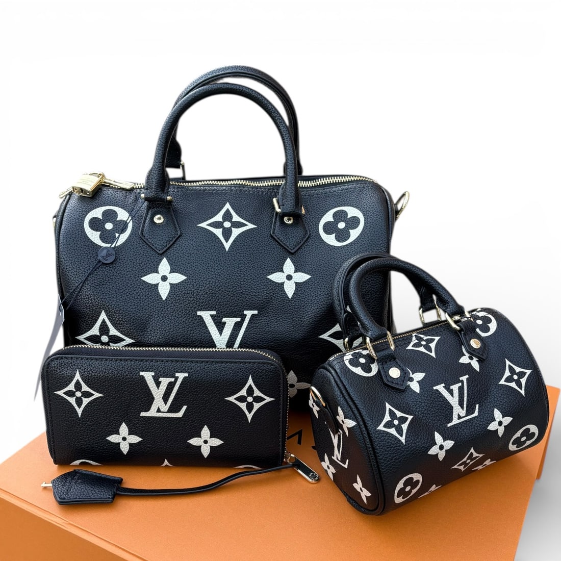 Louis Vuitton 3Pc Speedy Travel Beaute Set W/ Wallet & Original Box: • Louis Vuitton • 3 Pc Set • Speedy Travel Bag/Wallet Trio • Black • Monogram Pattern • Accent Color: Creme • Removable Straps Included • Zip Closure • Dou