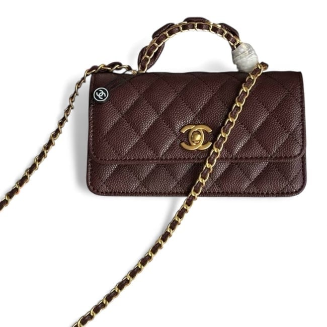 CHANEL Burgundy WOC Intertwined Chunky Top Handle Beaute Bag & Original Box: • CHANEL • Color: Burgundy • Type: Wallet On Chain (WOC) • Pattern: Quilted Pattern • Interior: Zip Pocket, Slip Pocket • Strap: Intertwined Chunky Top Handle, Intertwine