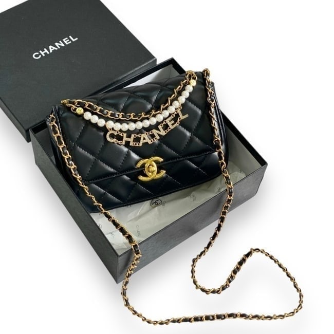 CHANEL Rhinestone Top Logo/Black Quilted Pearl Twist CF Beaute Bag & Original Box (1 of 8)