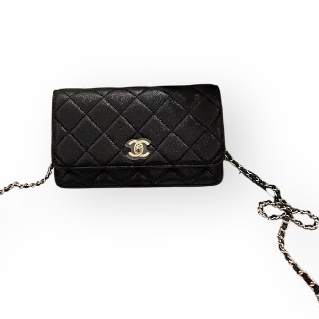 CHANEL Black/Silver Wallet On Chain Bow Strap Beaute Bag & Original Box (1 of 8)