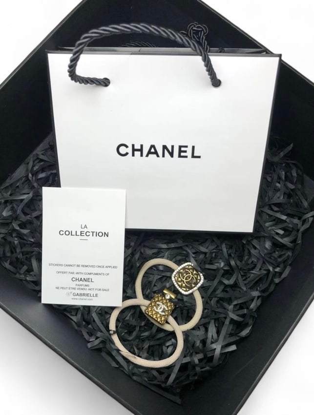 CHANEL 2Pc Gold Quilted/Rhinestone Accented Hair Ties & Original Gift Bag (1 of 3)