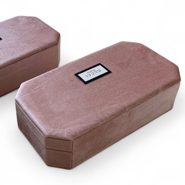 Gucci Pink On Pink Velvet Beaute Jewelry Box: • Gucci • Jewelry/Accessories Box • Velvet • Pink • Pink Accents • Top Logo • 3 Separated Compartments • 8 Rows Of Ring Holders/Storage • 2 Empty Storage S