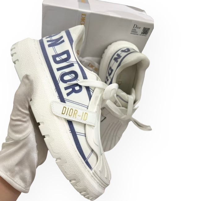 Christian DIOR Women's Dior ID White/Blue Lace Up U.L Shoes: • Christian DIOR • Women's • Dior ID • Sneakers • Lace Up • White • Blue & Gold Accents • Side Logo • Available Sizes: 35 - 40 • We Will Contact T