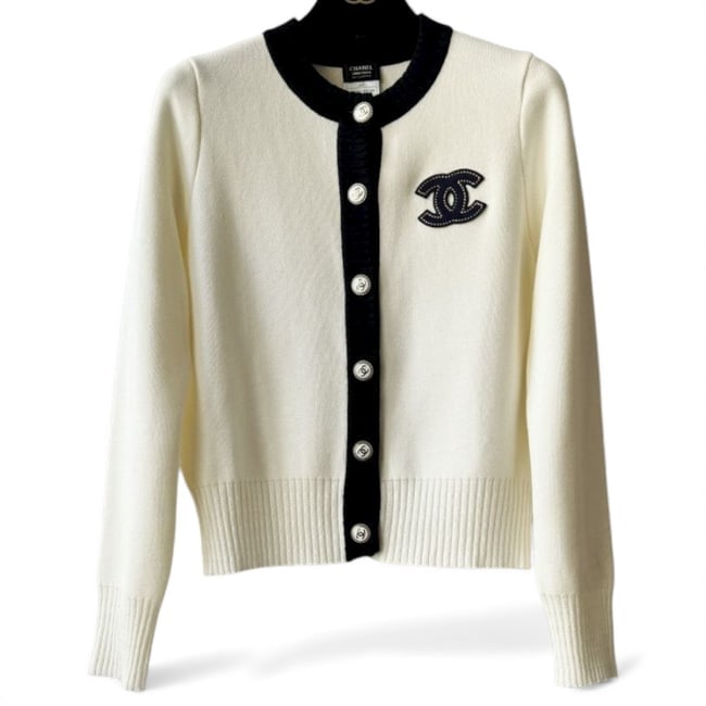 CHANEL White/Navy Button Up U.L Crewneck Cardigan Sweater (1 of 5)