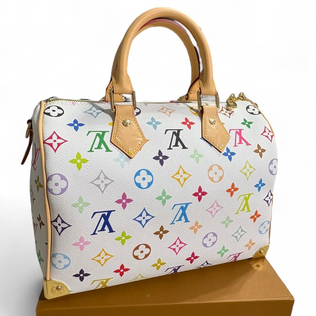 Louis Vuitton White Multicolor Mono Speedy 25 Beaute Bag, Strap, & Original Box: • Louis Vuitton • Speedy 25 • White Multicolor • Monogram Pattern • Lock & Key Included • Double Handles • Top Handle • Removable Strap Included For Optional Ca