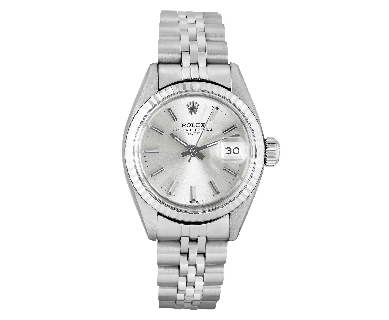 Rolex Lady Date Silver Index Dial 14K White Gold Fluted Bezel Jubilee Band Watch (1 of 8)