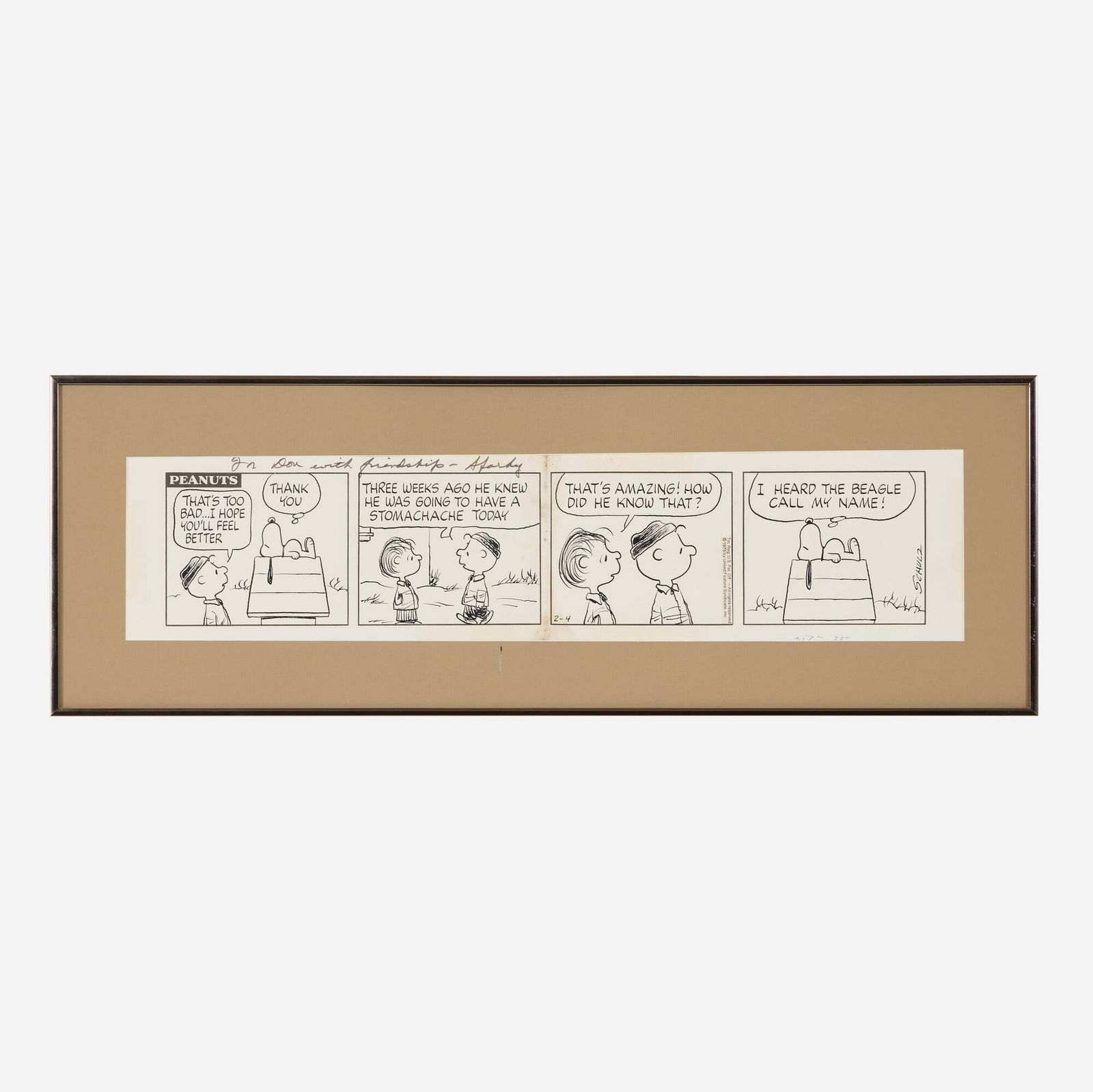 Charles M. Schulz, Peanuts Daily Comic Strip Art dated 2-4-75 (United Feature Syndicate, 1975): Charles M. Schulz Peanuts Daily Comic Strip Art dated 2-4-75 (United Feature Syndicate, 1975) 1975ink over graphite on bristol board. 7 h x 30 w in (18 x 76 cm) The four-panel strip features C