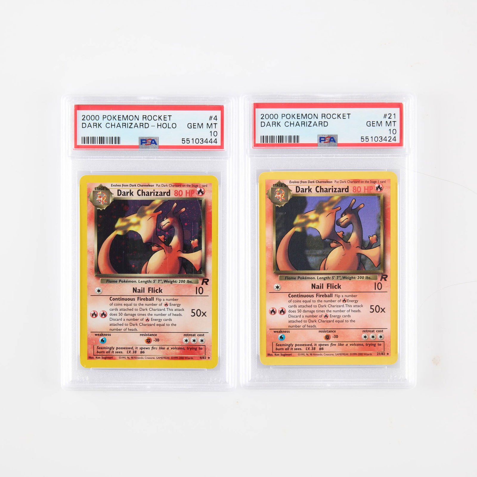 Two 2000 Pokemon Team Rocket Unlimited #4 #21 Dark Charizard PSA 10 Trading Card Group (1 of 2)