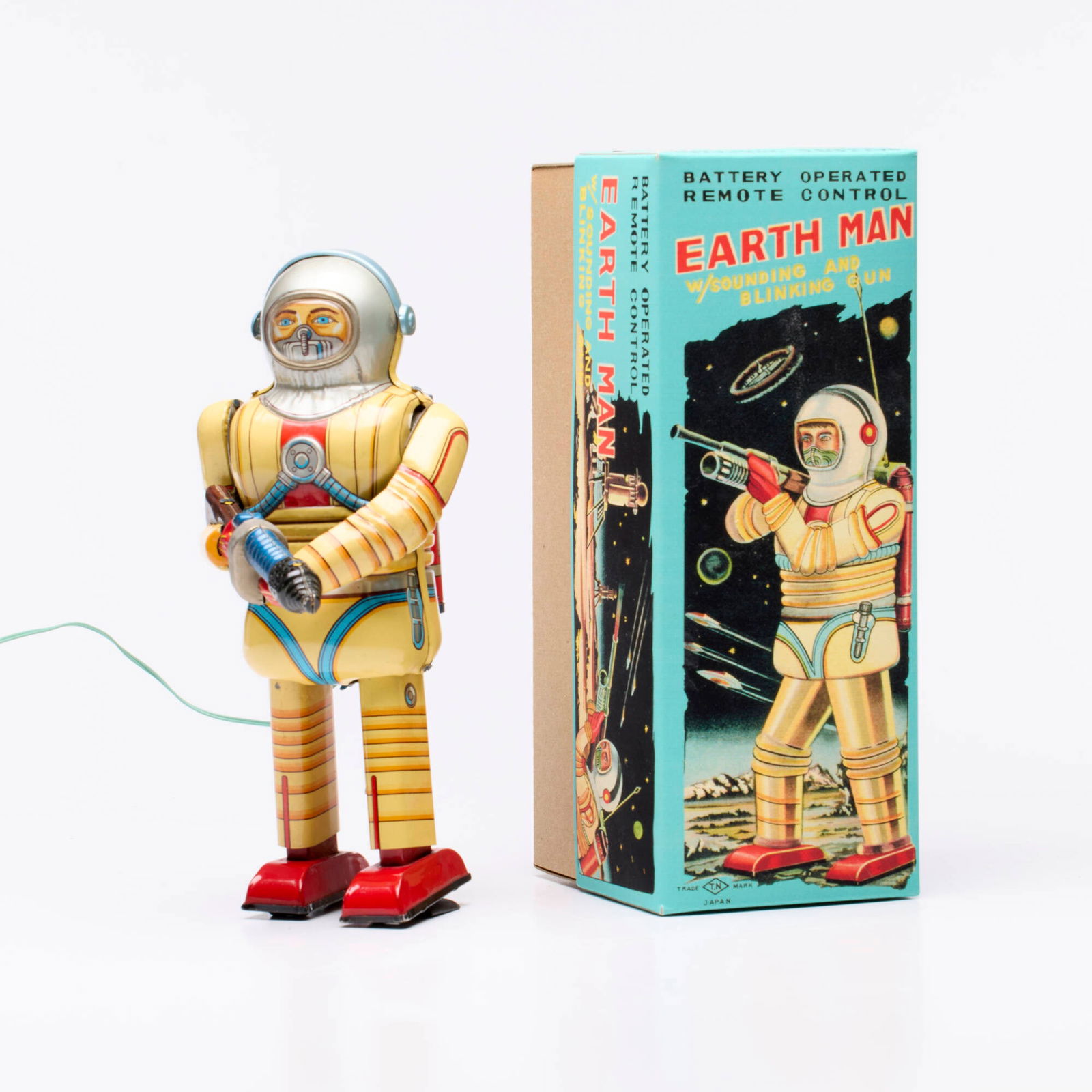 T.N Nomura Tin Battery-Operated Remote Control Earth Man with Reproduction Box (1 of 3)