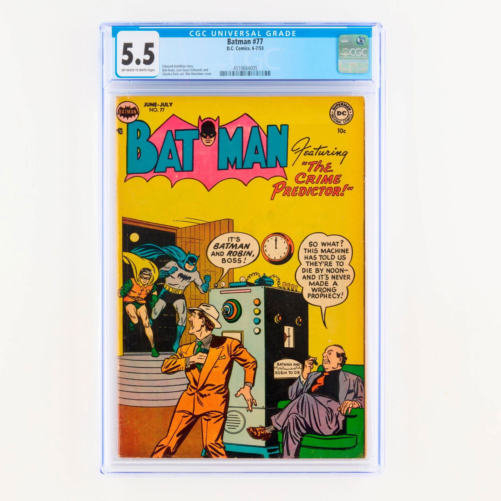 D.C. Comics Batman #77 CGC 5.5: D.C. Comics Batman #77 CGC 5.5 USA, 1953 This issue features a Edmond Hamilton story with art by Bob Kane, Lew Sayre Schwartz, and Charles Paris with Win Mortimer cover. CGC#: 4510664005