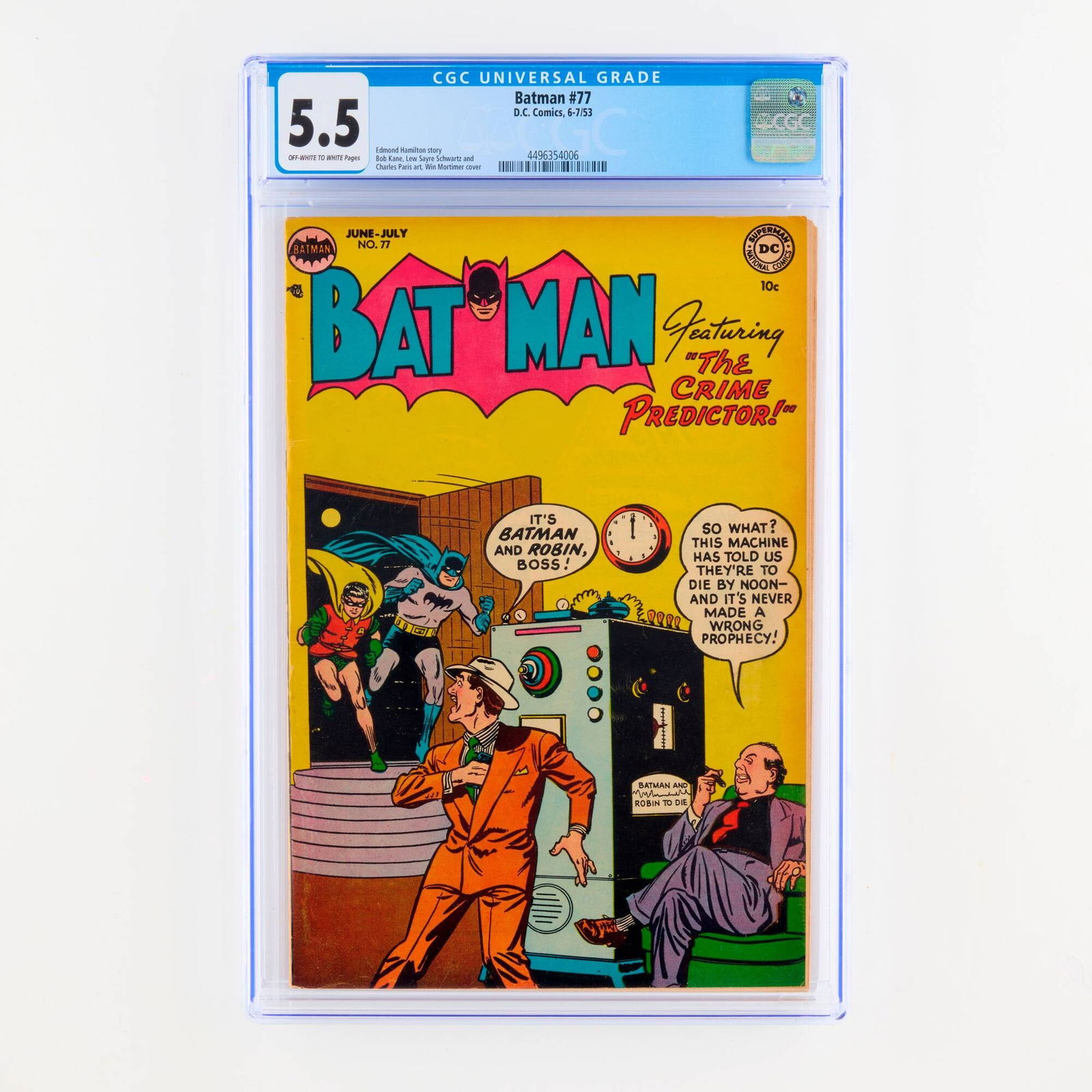 D.C. Comics Batman #77 CGC 5.5: D.C. Comics Batman #77 CGC 5.5 USA, 1953 This issue features an Edmond Hamilton story with art by Bob Kane, Lew Sayre Schwartz, and Charles Paris with Win Mortimer cover. CGC#: 4496354006