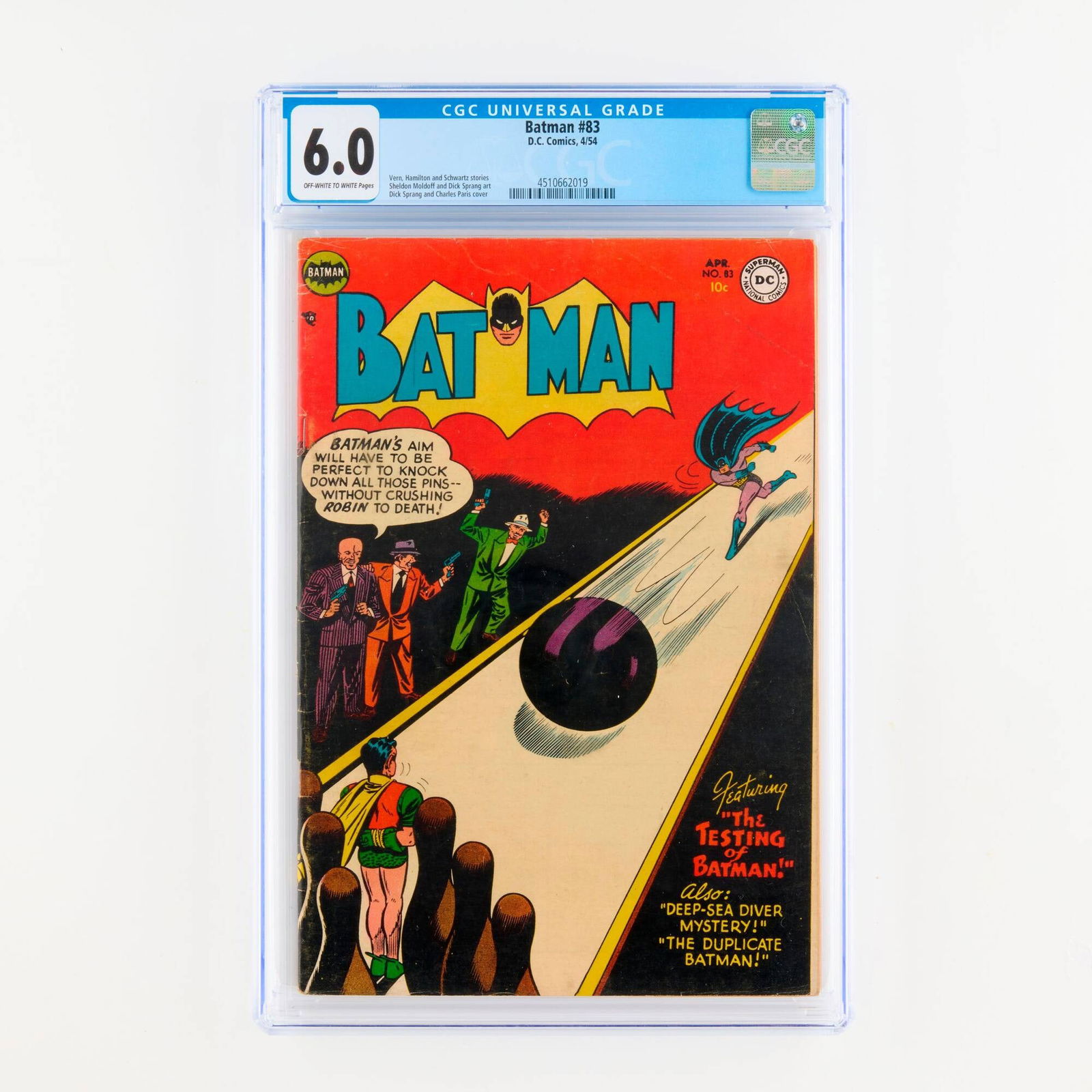 D.C. Comics Batman #83 CGC 6.0: D.C. Comics Batman #83 CGC 6.0 USA, 1954 This issue features Vern, Hamilton and Schwartz stories with art by Sheldon Moldoff and Dick Sprang with Dick Sprang and Charles Paris cover. CGC#: 45106620