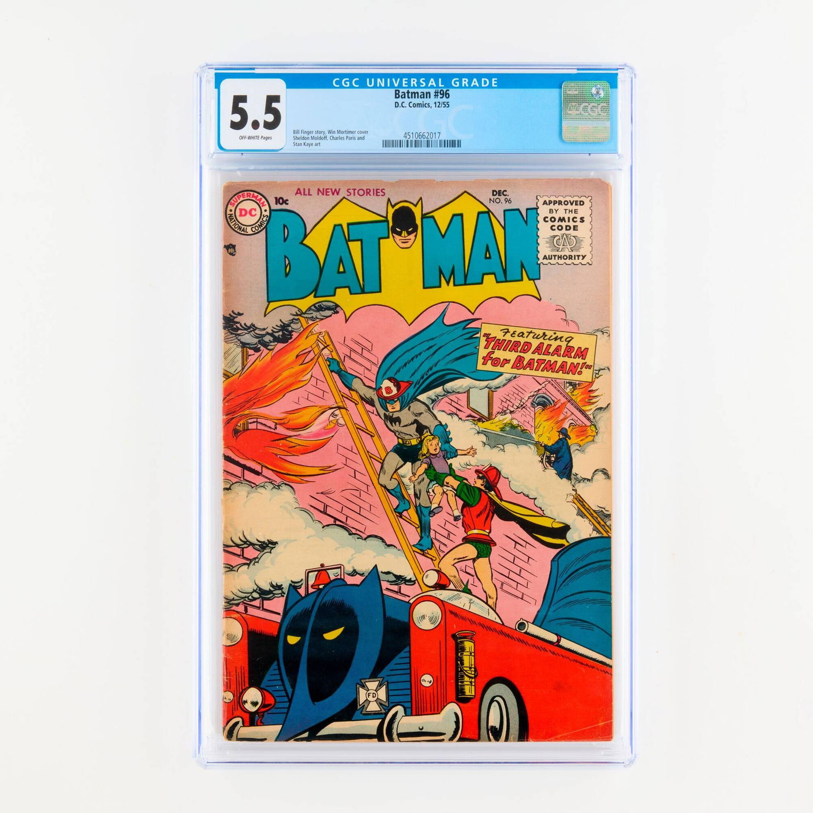 D.C. Comics Batman #96 CGC 5.5: D.C. Comics Batman #96 CGC 5.5 USA, 1955 This issue features a Bill Finger story with art by Sheldon Moldoff, Charles Paris, and Stan Kaye with Win Mortimer cover. CGC#: 4510662017 Popul