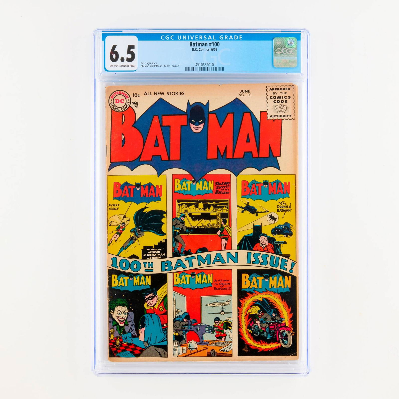 D.C. Comics Batman #100 CGC 6.5: D.C. Comics Batman #100 CGC 6.5 USA, 1956 The 100th Anniversary issue! Bill Finger story with art by Sheldon Moldoff and Charles Paris. CGC#: 4510662010 Population: 9 in 6.5, 54