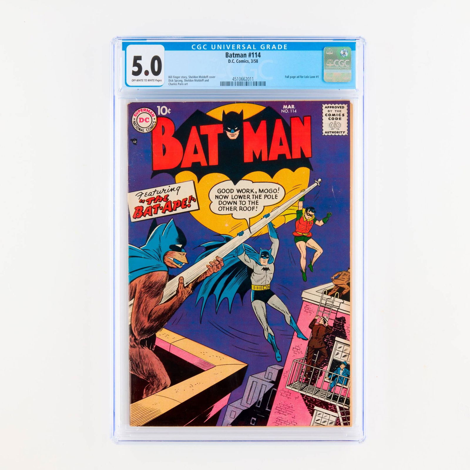 D.C. Comics Batman #114 CGC 5.0: D.C. Comics Batman #114 CGC 5.0 USA, 1958 This issue features a full page ad for Lois Lane #1. Bill Finger story with art by Dick Sprang, Sheldon Moldoff, and Charles Paris with Sheldon Moldoff cover.