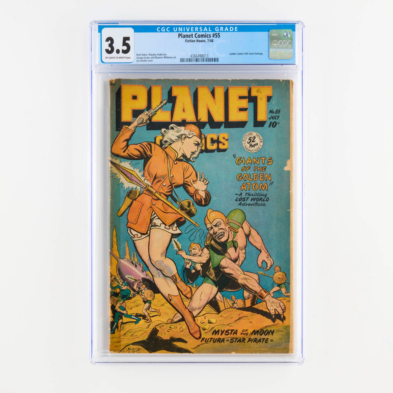 Fiction House Planet Comics #55 CGC 3.5: Fiction House Planet Comics #55 CGC 3.5 USA, 1948 This issue features a Jumbo Comics #40 cover homage by Joe Doolin and art by Matt Baker, Murphy Anderson, George Evans, and Maurice Whitman. CGC#: