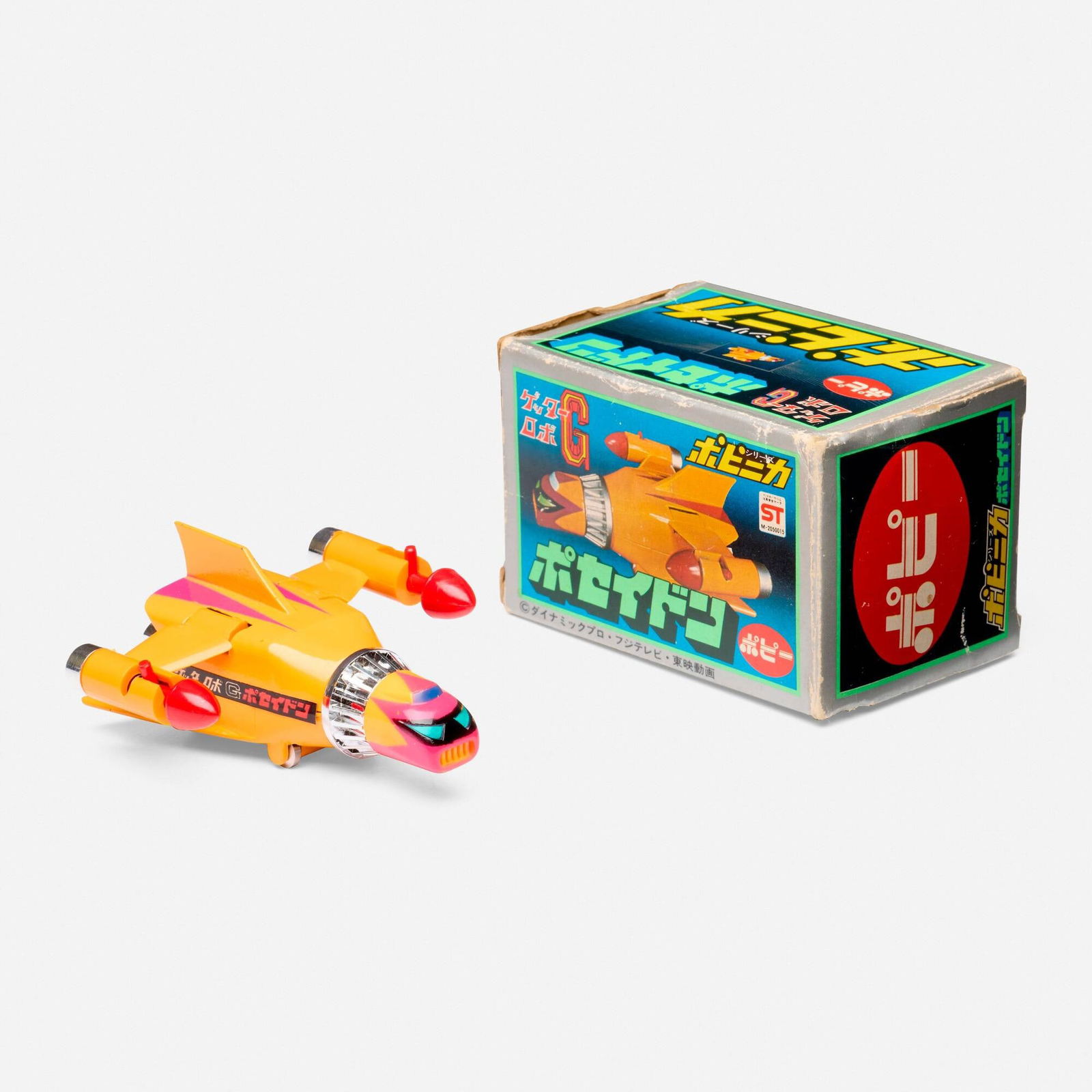 Popy Getter Robo G Poseidon PB-46 Diecast Boxed: Popy Getter Robo G Poseidon PB-46 Diecast Boxed Japan, 1976 box: 2.25 h x 3.75 w x 2.25 d in (6 x 10 x 6 cm) Condition Notes: Toy is complete with missiles and is unused deadstock with foam insert. Bo