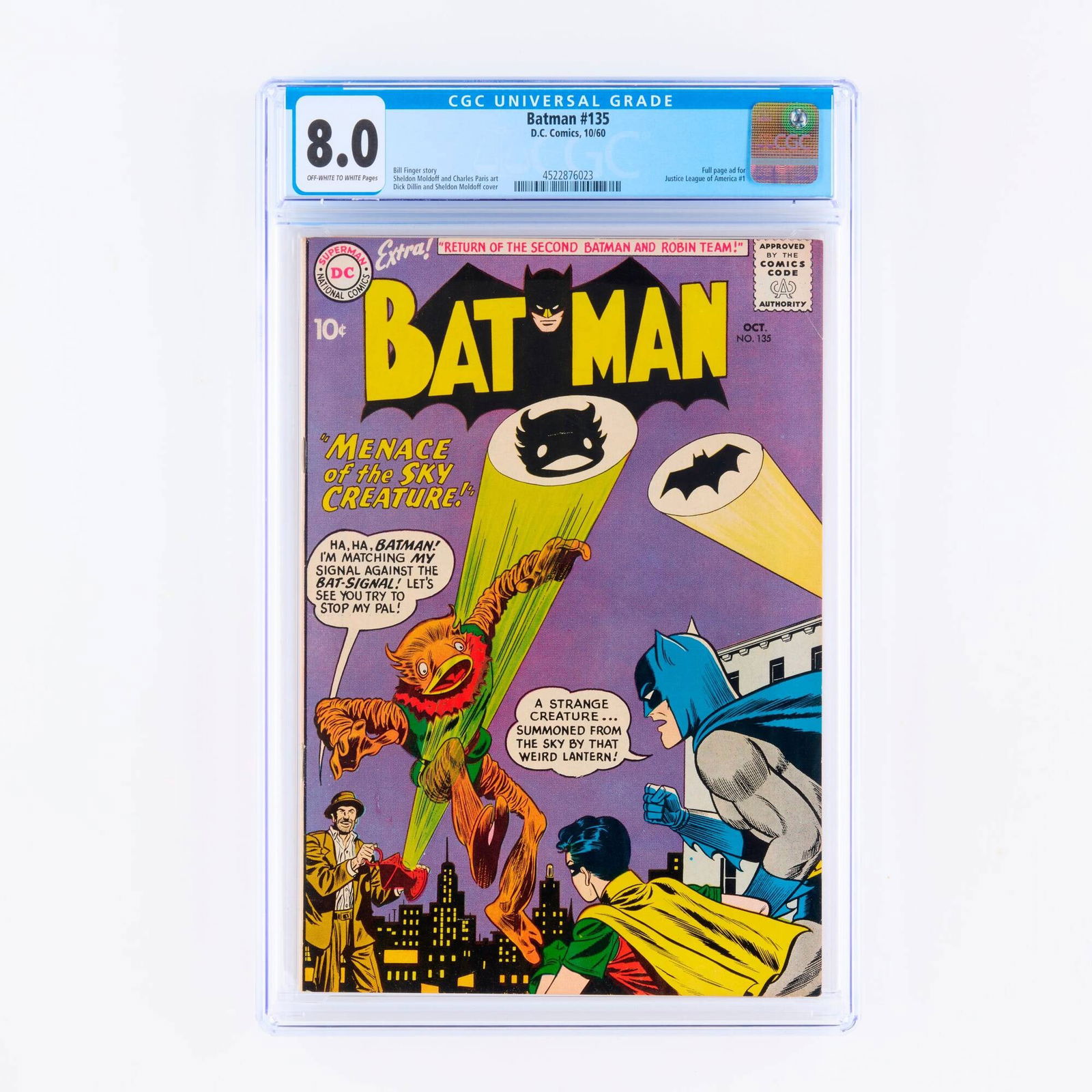 D.C. Comics Batman #135 CGC 8.0: D.C. Comics Batman #135 CGC 8.0 USA, 1960 This issue features a full page ad for Justice League of America #1. Bill Finger story with art by Sheldon Moldoff and Charles Paris and a Dick Dillin and She