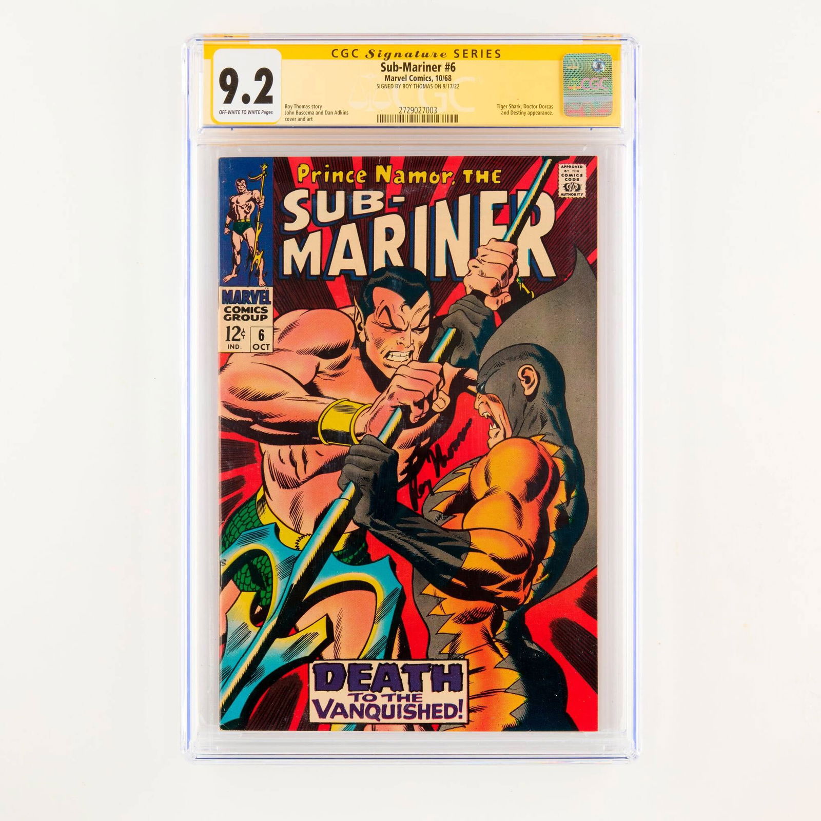 Marvel Comics Sub-Mariner #6 CGC 9.2 Signature Series Roy Thomas (1 of 2)
