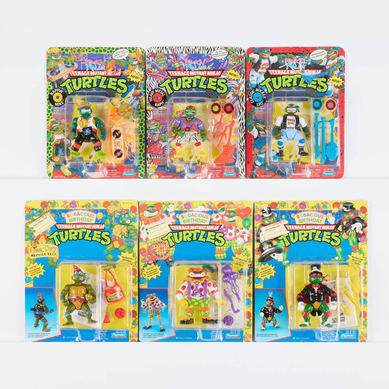 Six 1991-92 Playmates Teenage Mutant Ninja Turtles Factory Sealed Figure Group: Six 1991-92 Playmates Teenage Mutant Ninja Turtles Factory Sealed Figure Group USA, 1991-1992 Group includes 1991 Rock'n Rollin' Heavy Metal Raph, Classic Rocker Leo, and Rappin' Mike and 1992 Bodacio