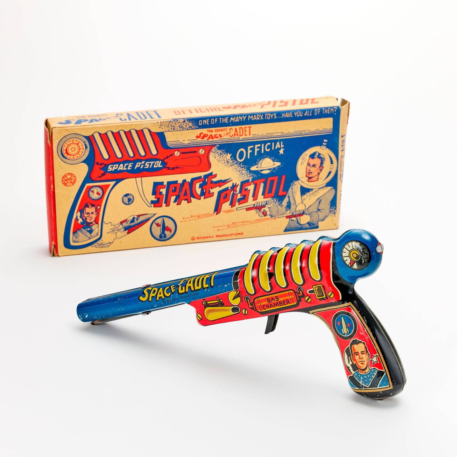 1952 Marx Tom Corbett Space Cadet Space Pistol Boxed: 1952 Marx Tom Corbett Space Cadet Space Pistol Boxed USA, 1952 Condition Notes: Toy C8 with light wear including scattered scratches and light oxidation to trigger, otherwise a beautiful toy with vibr