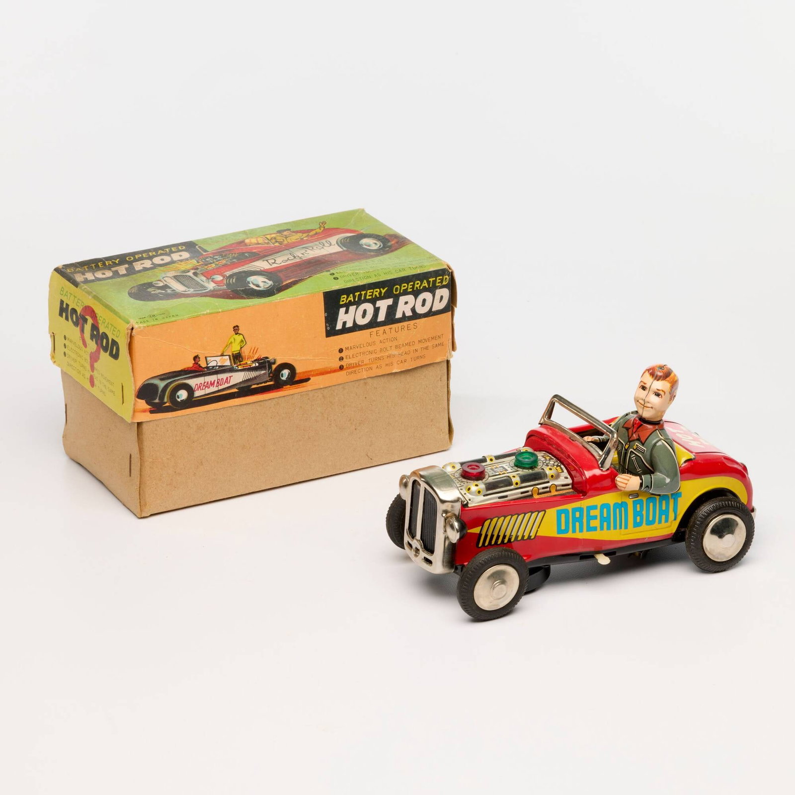 T.N. Nomura Battery Operated Hot Rod NOS Unused: T.N. Nomura Battery Operated Hot Rod NOS Unused Japan, Circa 1960 Toy C8.5 unused appearing to be old store stock, lithography is vibrant with minimal surface scratching from moving within the box ove