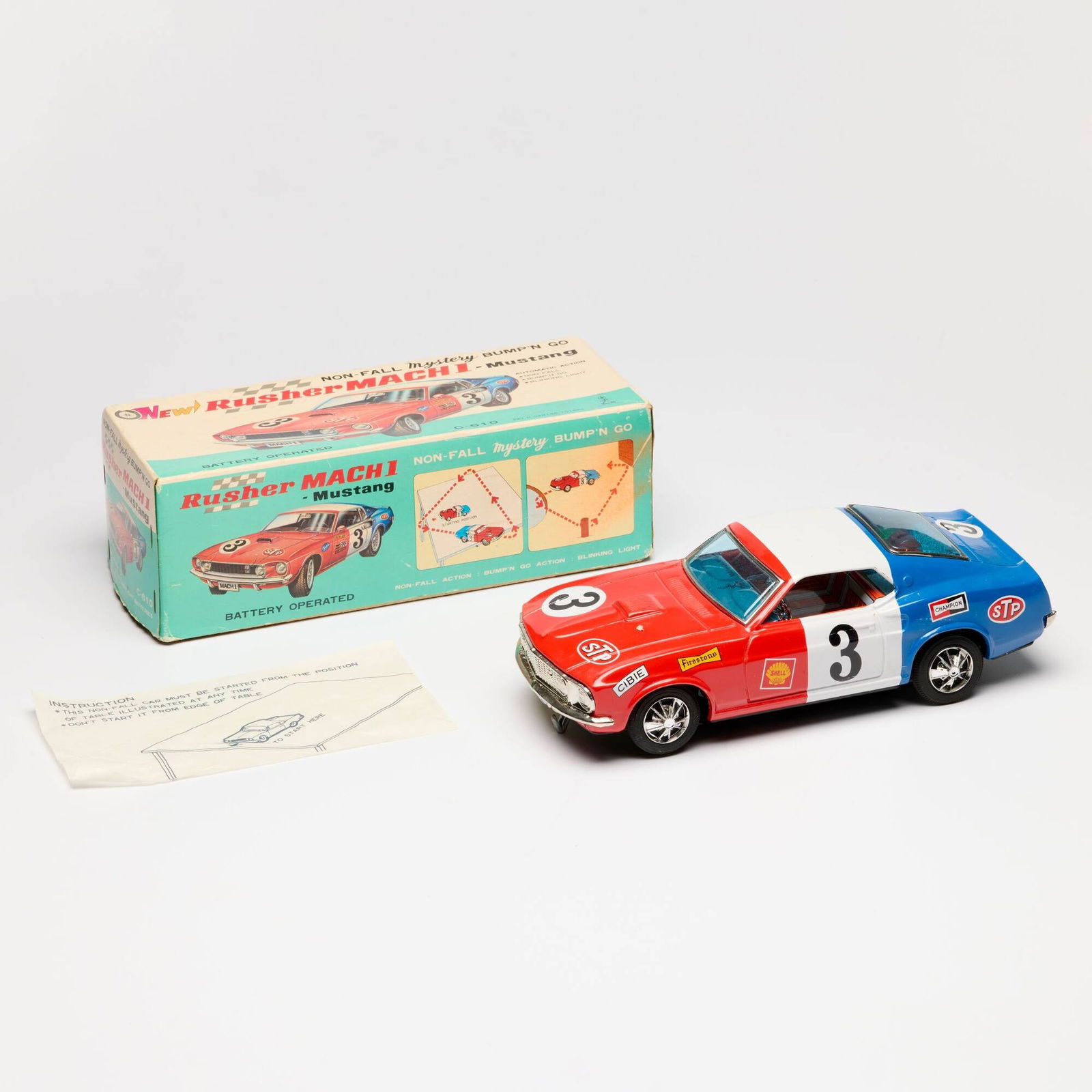 Taiyo Japan Tin Battery-Operated Rusher Mach 1 Mustang NOS Unused (1 of 2)