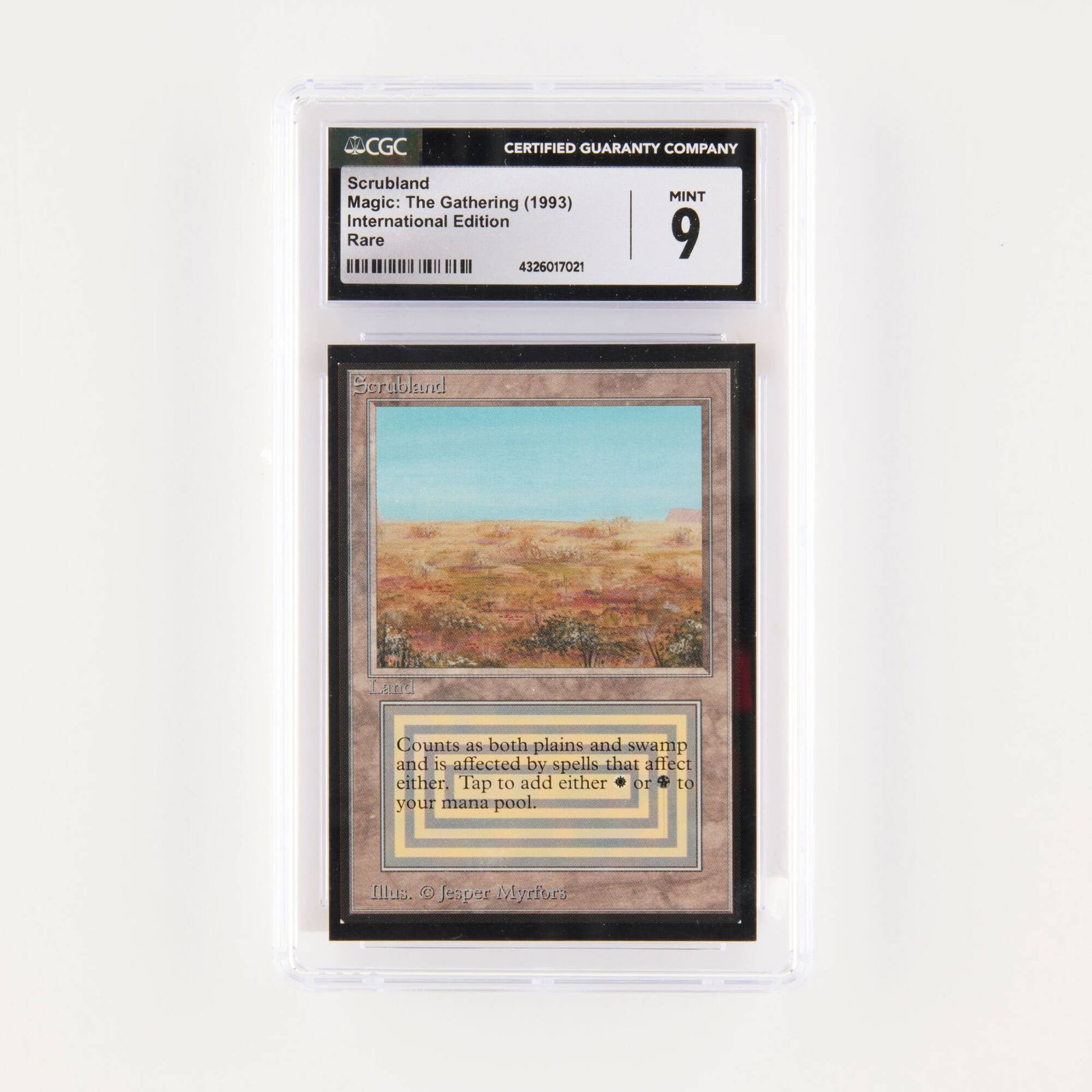 1993 Magic: The Gathering International Edition Scrubland Trading Card CGC 9: 1993 Magic: The Gathering International Edition Scrubland Trading Card CGC 9 USA, 1993 CGC#: 4326017021 Grade: 9 MINT Population: 8 in 9, 1 higher