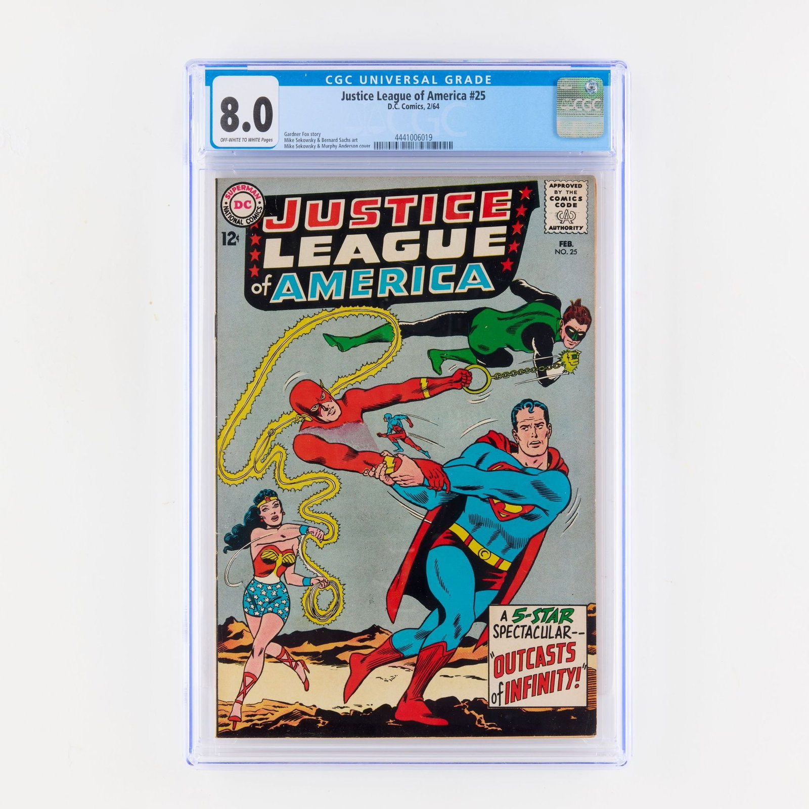 D.C. Comics Justice League of America #25 CGC 8.0: D.C. Comics Justice League of America #25 CGC 8.0 USA, 1964 Story by Gardner Fox with art by Mike Sekowsky and Bernard Sachs and a Mike Sekowsky and Murphy Anderson cover. CGC#: 4441006019