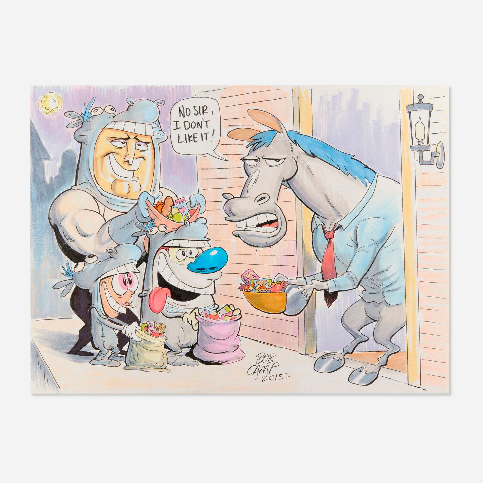 Bob Camp, Ren & Stimpy Color Illustration (Spumco, 2003): Bob Camp Ren & Stimpy Color Illustration (Spumco, 2003) 2015mixed media on Bristol board 11 h x 15 w in (28 x 38 cm) Signed and dated to lower edge 'Bob Camp 2015'. COA included.Robert Frank C