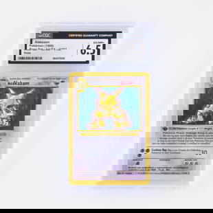 1999 Pokémon Base Set 1st Edition 1/102 Alakazam Holo Trading Card CGC 6.5: 1999 Pok&#233;mon Base Set 1st Edition 1/102 Alakazam Holo Trading Card CGC 6.5 USA, 1999 CGC#: 6043172002 Population: 24 in 6.5, 183 higher Grader Notes: unavailab