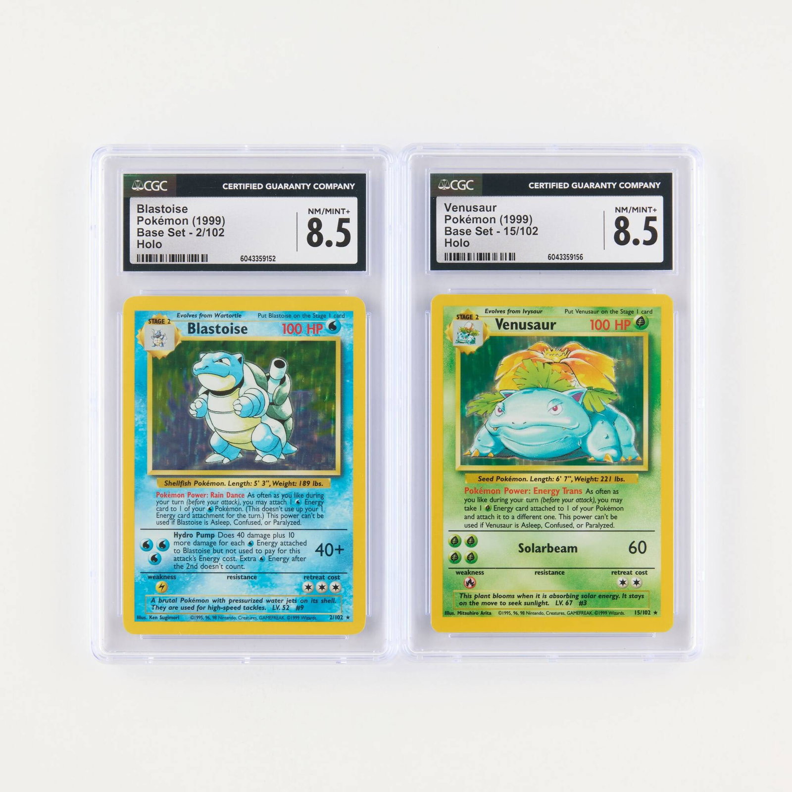 Two 1999 Pokémon Base Set Unlimited 2/102 Blastoise Holo and 15/102 Venusaur Holo CGC 8.5 (1 of 2)