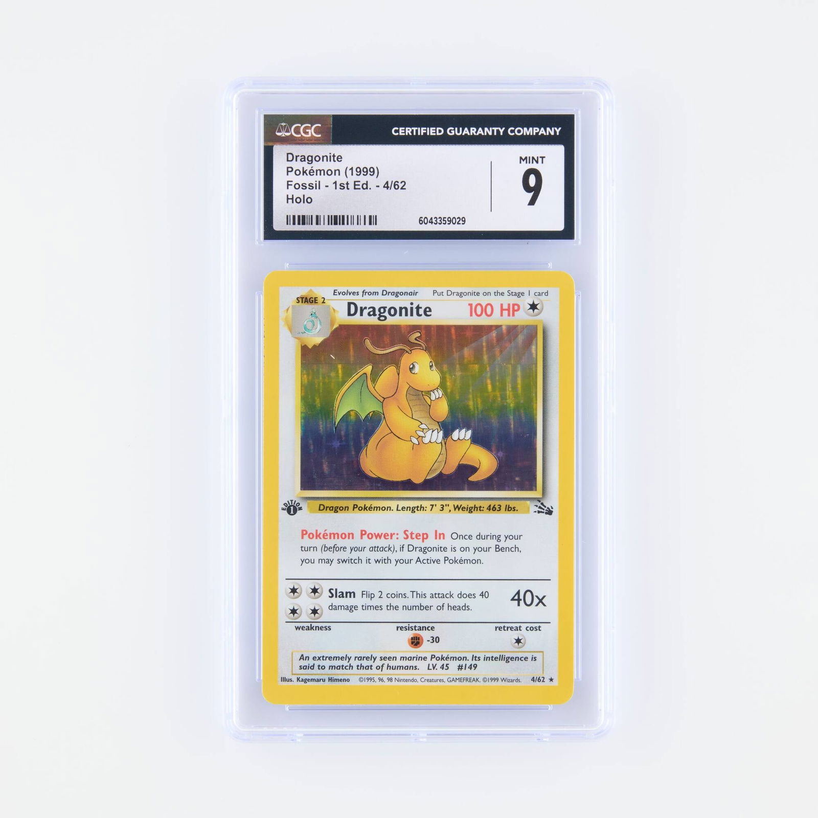 1999 Pokémon Fossil 1st Edition 4/62 Dragonite Holo Trading Card CGC 9: 1999 Pokémon Fossil 1st Edition 4/62 Dragonite Holo Trading Card CGC 9 USA, 1999 CGC#: 6043359029 Population: 213 in 9 Mint, 142 higher