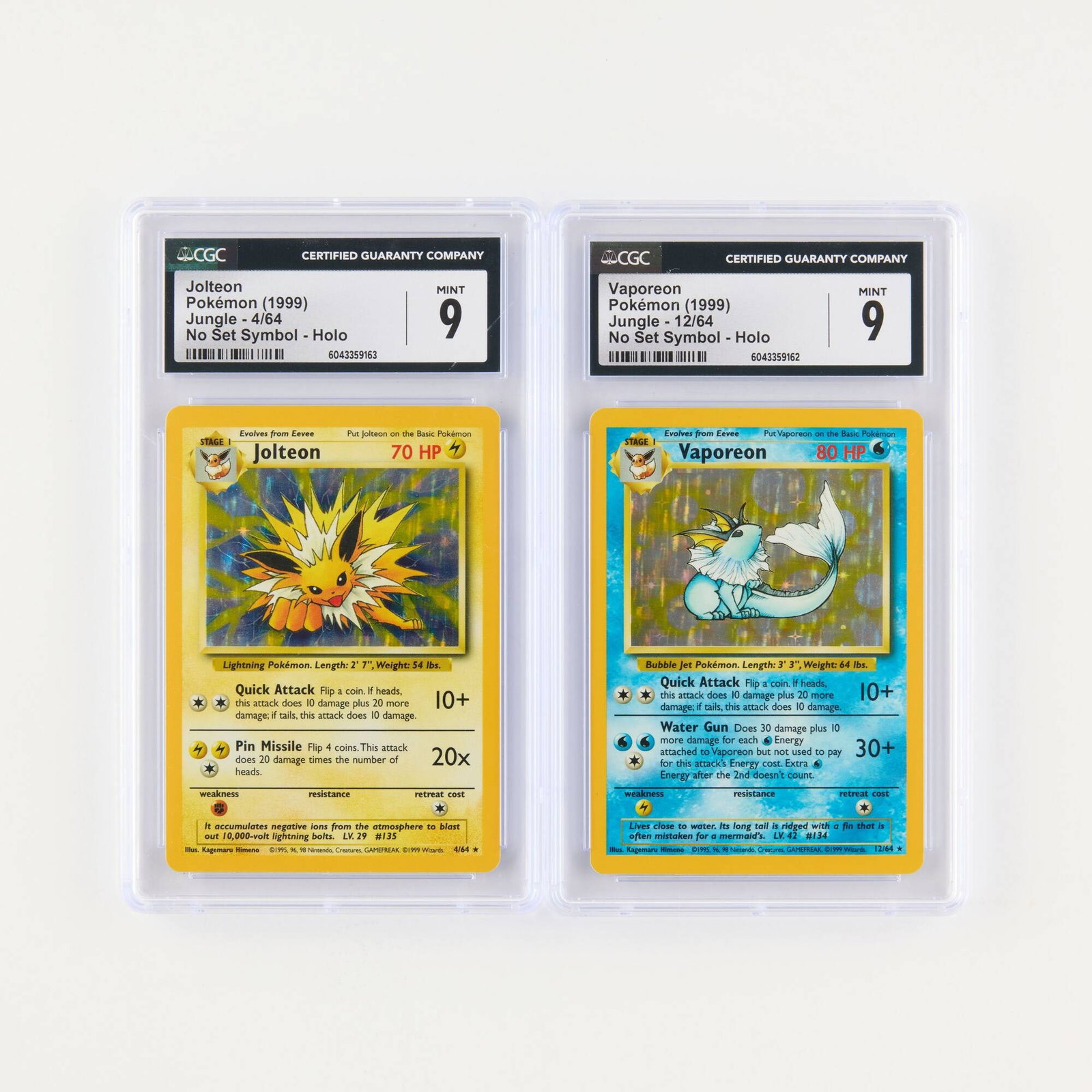 Two 1999 Pokémon Jungle Unlimited No Set Symbol 4/64 Jolteon Holo and 12/64 Vaporeon Holo CGC 9 (1 of 2)