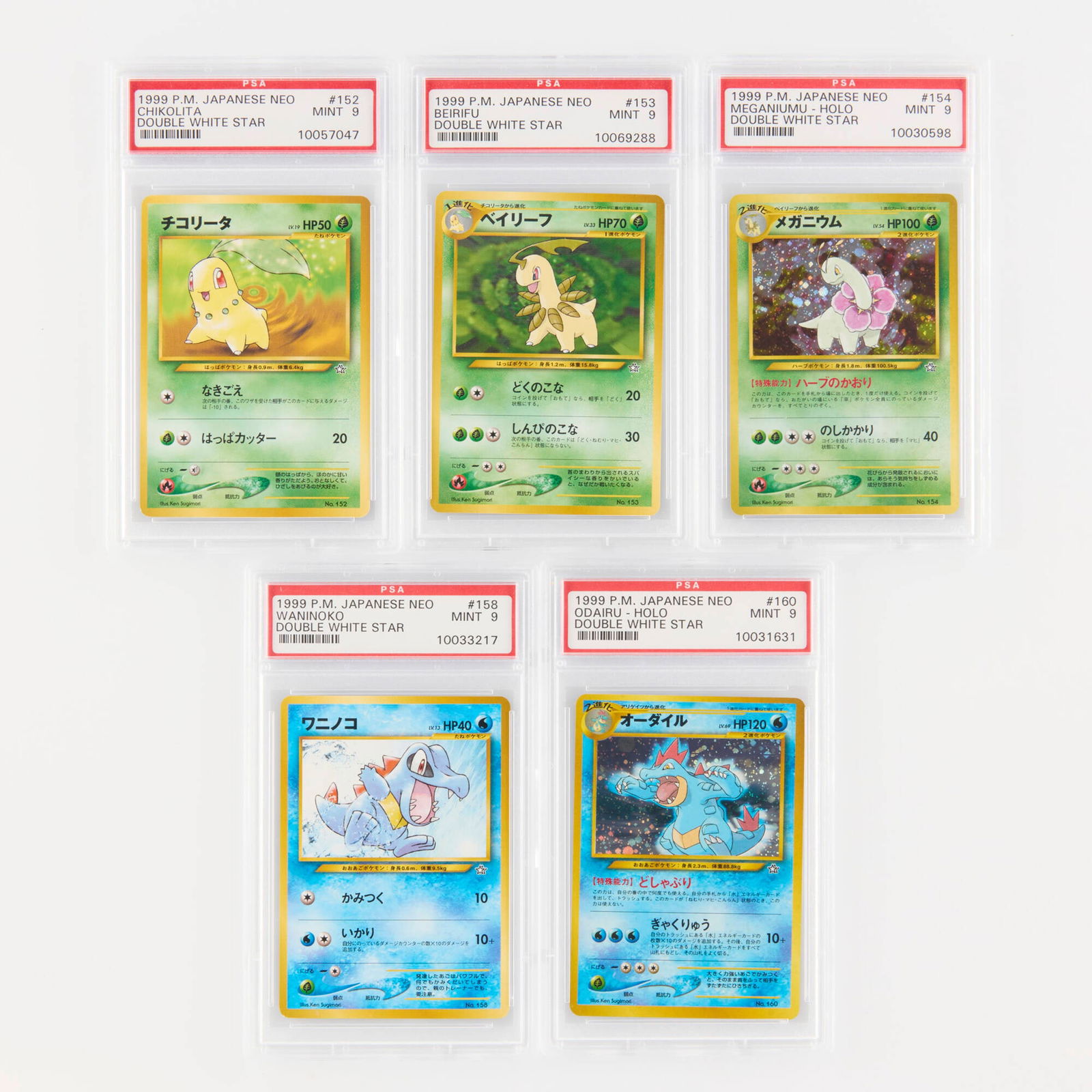 Five 1999 Pokémon Japanese Neo Double White Star PSA 9 Trading Card Group: Five 1999 Pokémon Japanese Neo Double White Star PSA 9 Trading Card Group Japan, 1999 1999 Pokémon Japanese Neo Double White Star 152 Chikorita [Chikolita] Trading Card PSA 9 PSA#: <