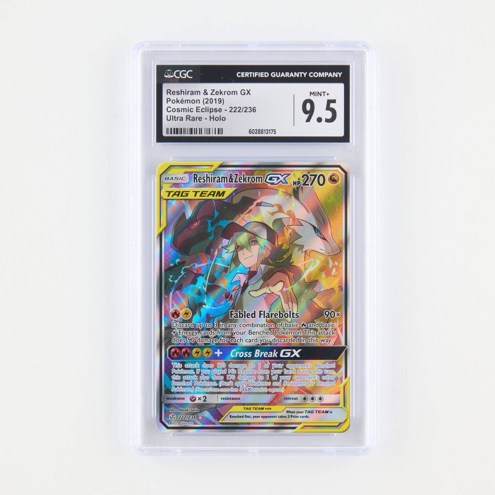 2019 Pokmon Cosmic Eclipse 222/236 Reshiram & Zekrom Gx Tag Team Ultra  Rare Holo Trading Card
