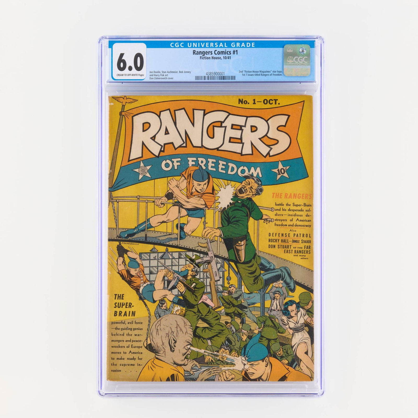 Fiction House Rangers Comics #1 CGC 6.0: Fiction House Rangers Comics #1 CGC 6.0 USA, 1941 Issue features the second "Fiction House Magazines" star logo. First seven issues of series titled Rangers of Freedom. Art by Joe Doolin, Stan Aschmei