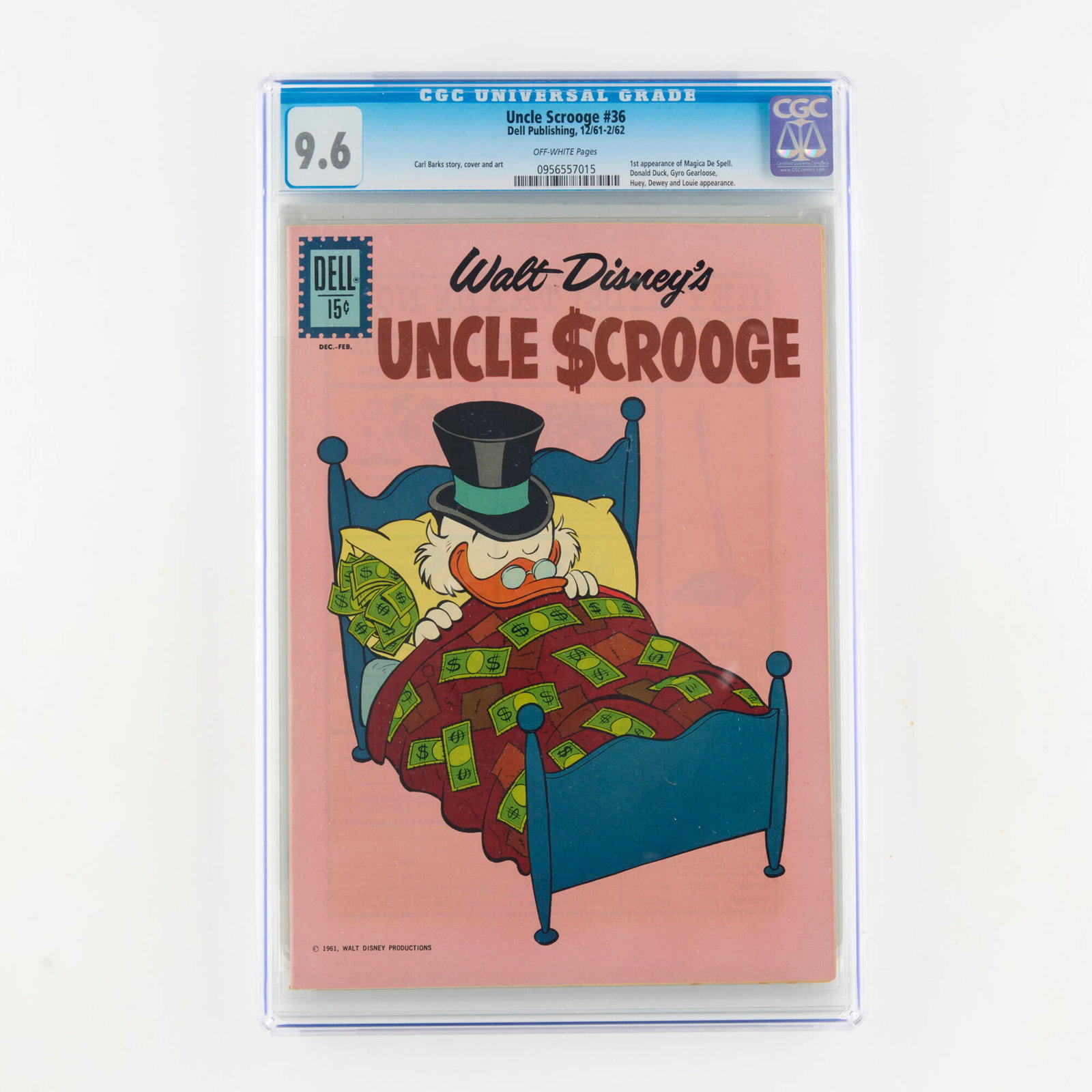 Dell Publishing Uncle Scrooge #36 CGC 9.6: Dell Publishing Uncle Scrooge #36 CGC 9.6 USA, 1961-62 A landmark issue in the Disney Duck universe, this comic features the first appearance of Magica De Spell, the glamorous and cunning sorceress ob