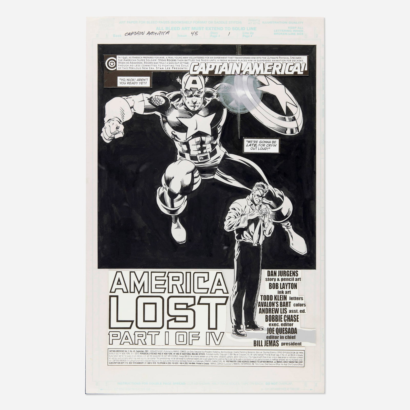 Dan Jurgens and Bob Layton, Captain America #45 Story Page 1 Original Art (Marvel Comics, 1998): Dan Jurgens and Bob Layton Captain America #45 Story Page 1 Original Art (Marvel Comics, 1998) pencil and ink on Bristol board, overlay with credits and additonal art 17 h x 11 w in (43 x 28 cm) A str