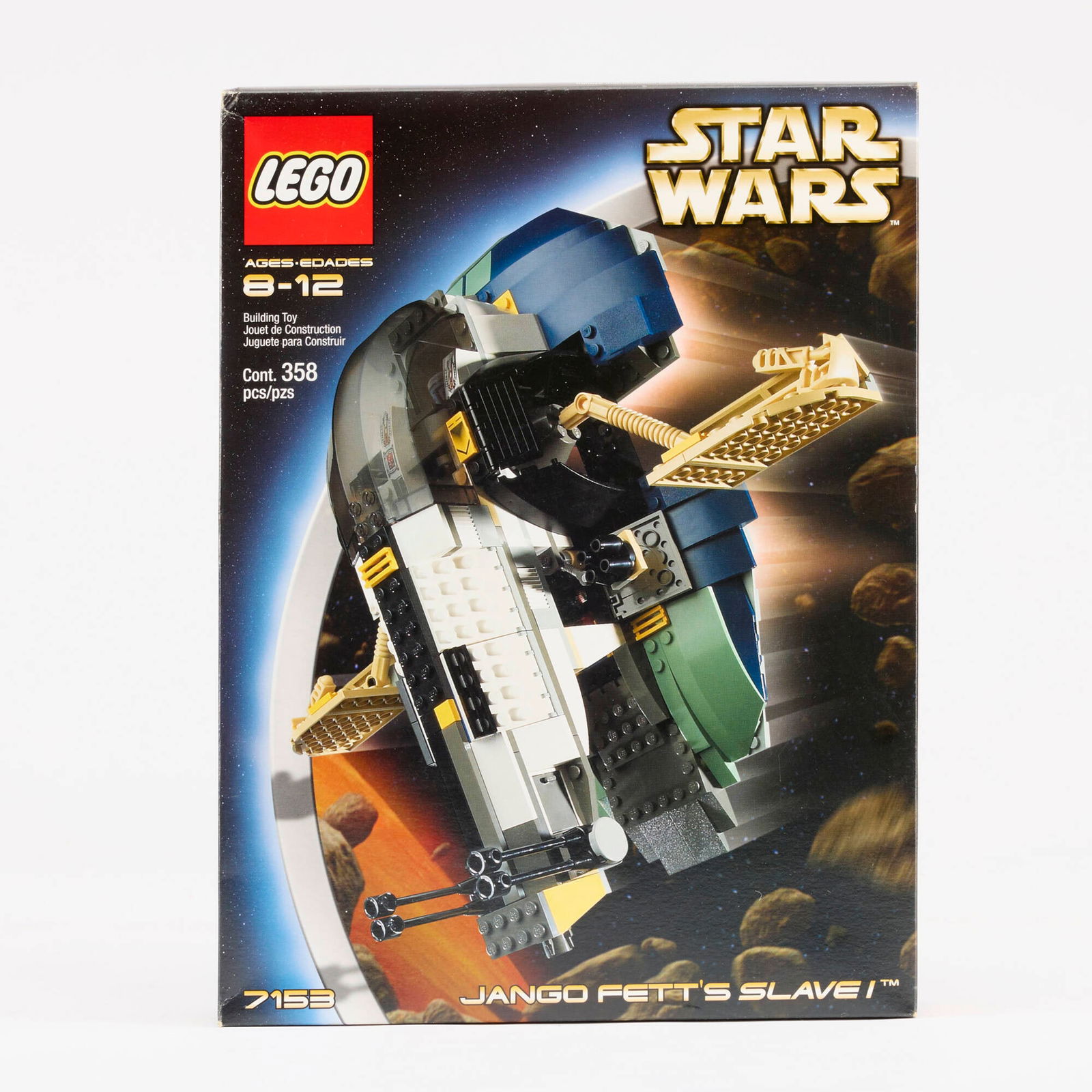2002 LEGO Star Wars Jango Fett's Slave I 7153 Factory Sealed: 2002 LEGO Star Wars Jango Fett's Slave I 7153 Factory Sealed USA, 2002 15 h x 11 w x 2 d in (38 x 28 x 5 cm) Set contains 358 pieces and the following mini-figures: Jango Fett and Boba Fett. Condition