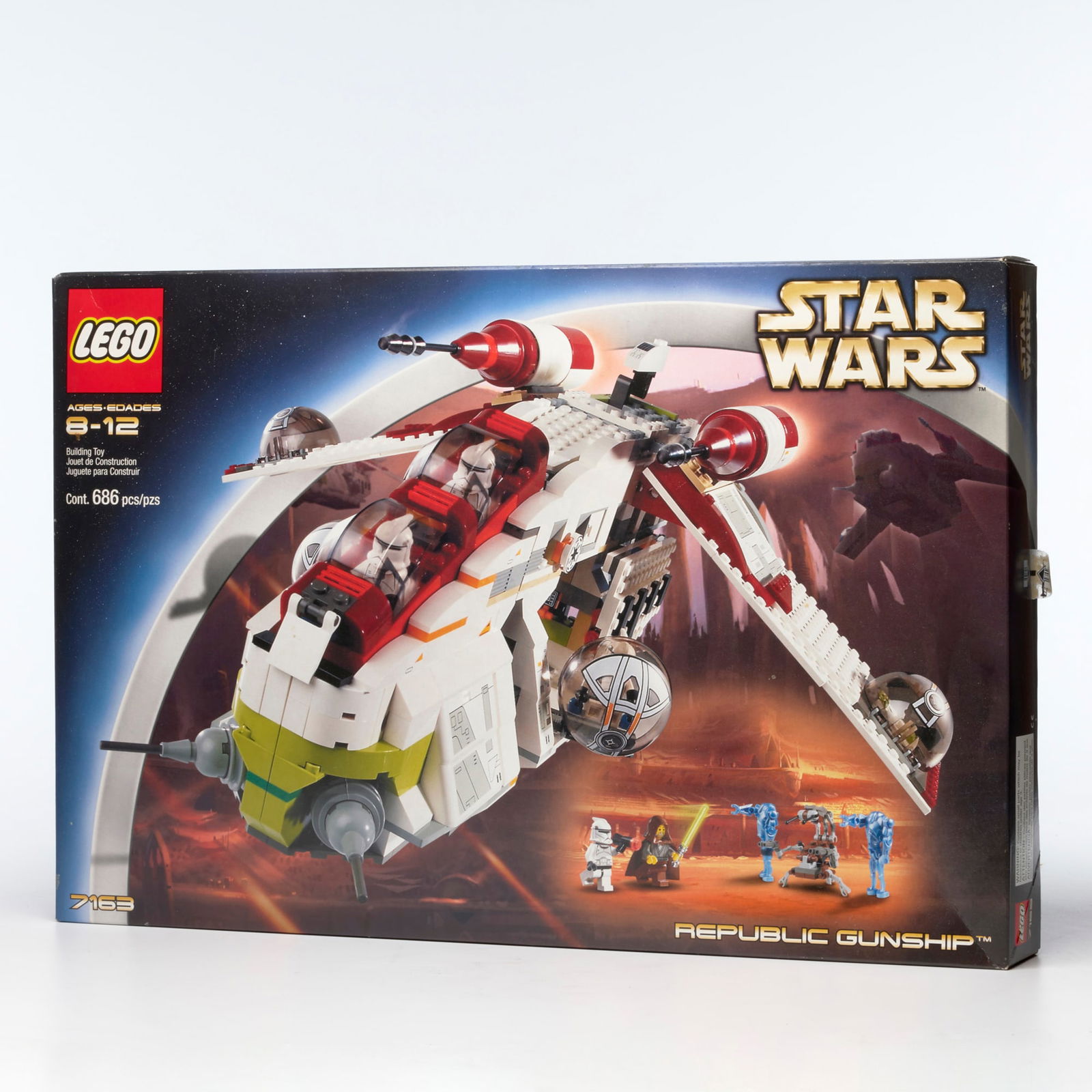 2002 LEGO Star Wars Republic Gunship 7163: 2002 LEGO Star Wars Republic Gunship 7163 USA, 2002 Set contains 686 pieces and the following mini-figures: Clone Trooper (x4), Destroyer Droid, Super Battle Droid (x2). Condition Notes: Original b