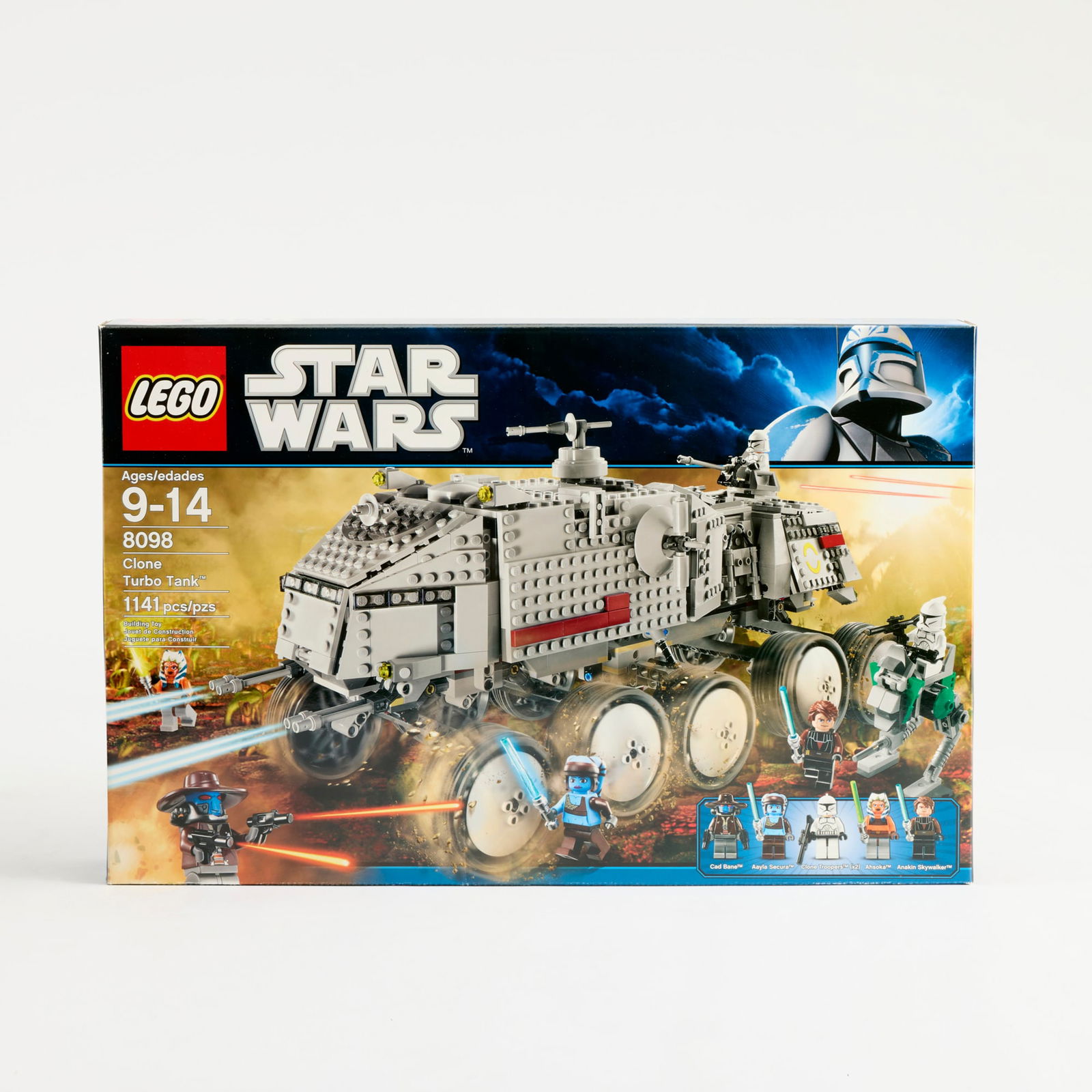 2010 LEGO Star Wars Clone Turbo Tank 8098 Factory Sealed: 2010 LEGO Star Wars Clone Turbo Tank 8098 Factory Sealed USA, 2010 22.75 h x 14.75 w x 3.25 d in (58 x 37 x 8 cm) Set contains 1,141 pieces and the following mini-figures: Cad Bane, Aayla Secura, Clon
