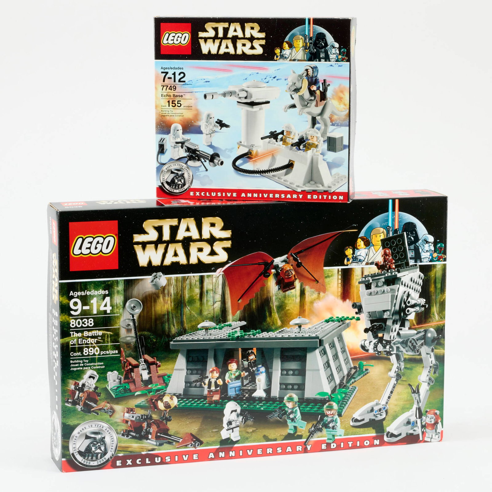 2PC 2009 LEGO Star Wars Echo Base and The Battle of Endor\: 2PC 2009 LEGO Star Wars Echo Base: Exclusive Anniversary Edition 7749 The Battle of Endor: Exclusive Anniversary Edition 8038 Group Factory Sealed USA, 2009 Group includes: 2009 Echo Base: Exclusive A