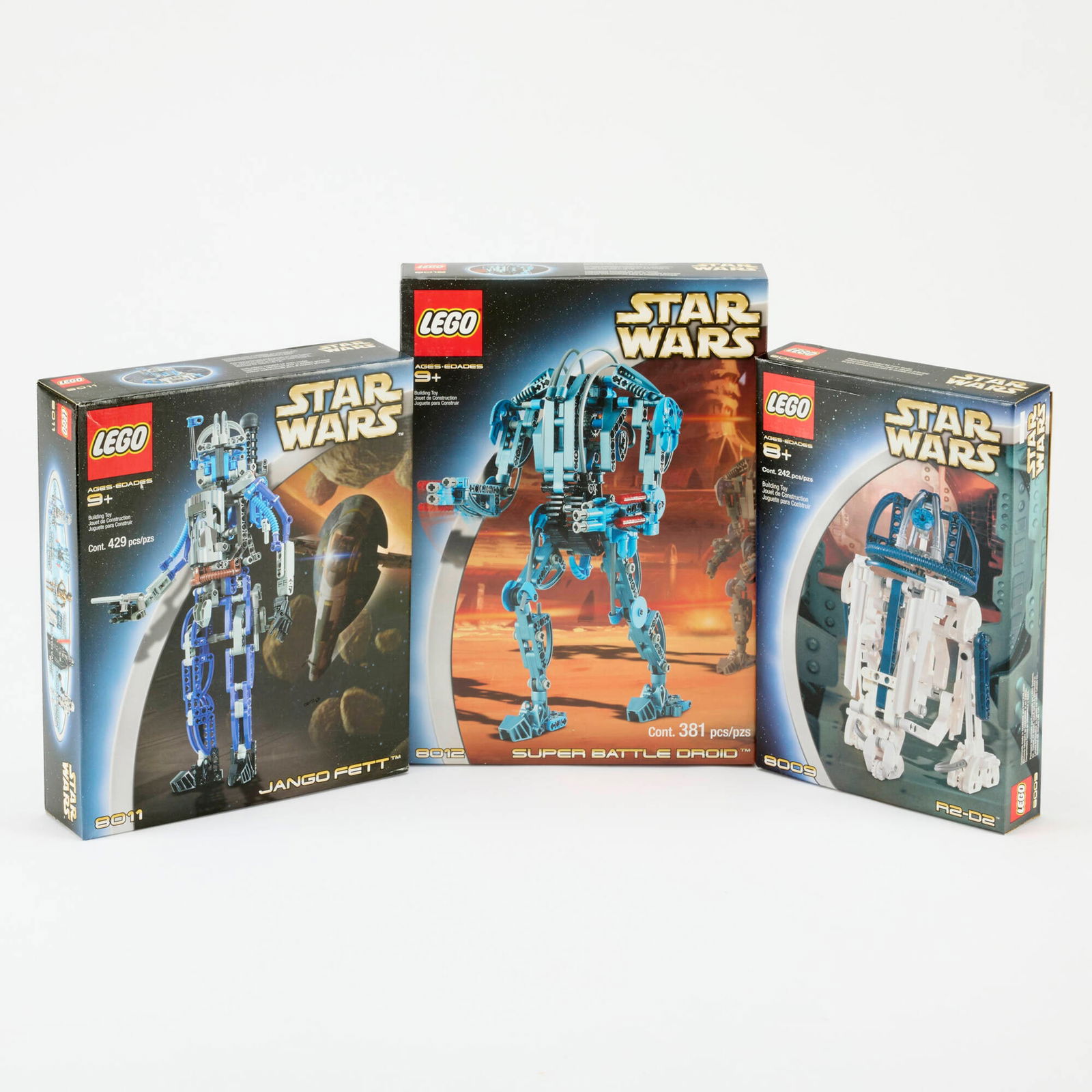 3PC 2002 LEGO Star Wars Figure Group Factory Sealed: 3PC 2002 LEGO Star Wars Figure Group Factory Sealed USA, 2002 Group includes: 2002 R2-D2 8009 2002 Jango Fett 8011 2002 Super Battle Droid 8012. Condition Notes: Each example factory sealed with li