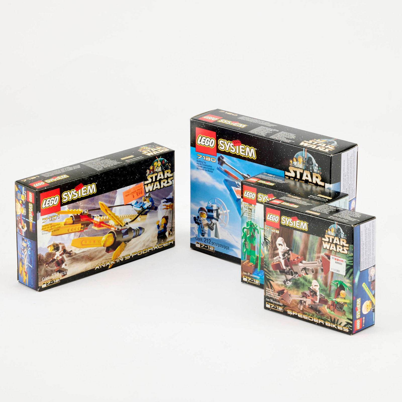 4PC 1999 LEGO Star Wars Group Factory Sealed: 4PC 1999 LEGO Star Wars Group Factory Sealed USA, 1999 Group includes: 1999 Naboo Swamp 7121 1999 Speeder Bikes 7128 1999 Snowspeeder 7130 1999 Anakin's Podracer 7131. Condition Notes: All examples